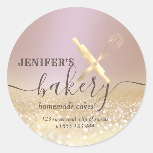 Glittery  rolling pin & whisk chef script bakery classic round sticker (Front)