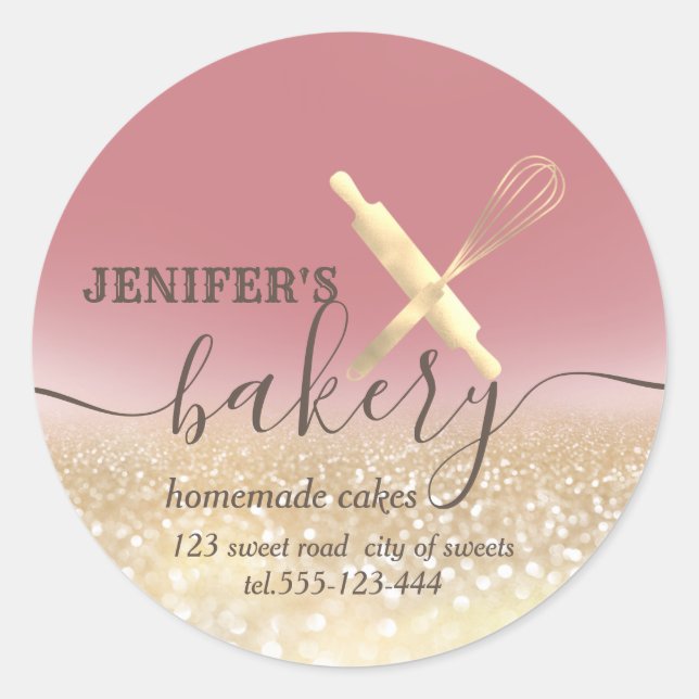 Glittery  rolling pin & whisk chef script bakery classic round sticker (Front)