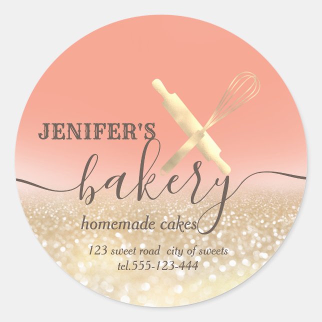 Glittery  rolling pin & whisk chef script bakery classic round sticker (Front)