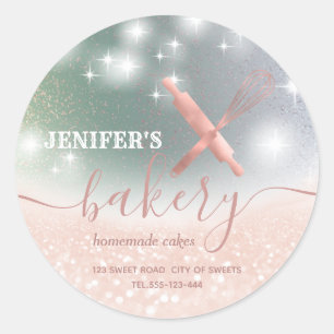 Glittery  rolling pin & whisk chef script bakery classic round sticker