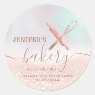 Glittery  rolling pin & whisk chef script bakery classic round sticker