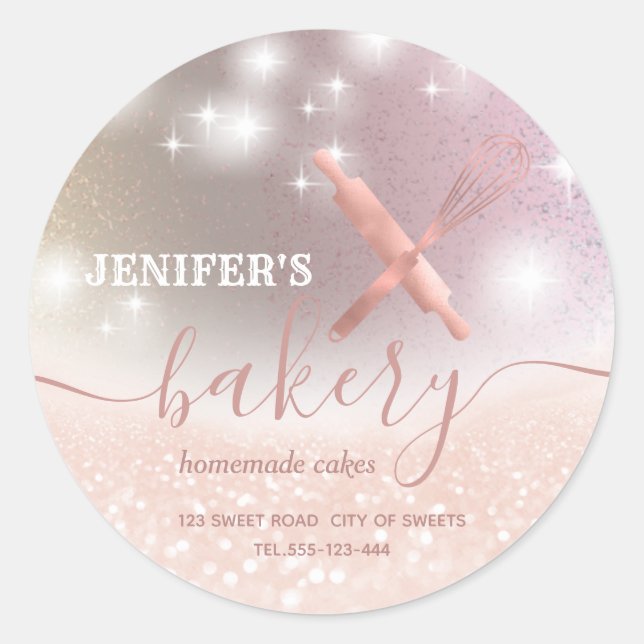 Glittery  rolling pin & whisk chef script bakery classic round sticker (Front)