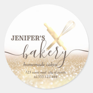 Glittery  rolling pin & whisk chef script bakery classic round sticker
