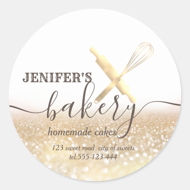 Glittery  rolling pin & whisk chef script bakery classic round sticker (Front)