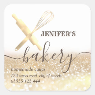 Glittery  rolling pin & whisk chef script bakery square sticker