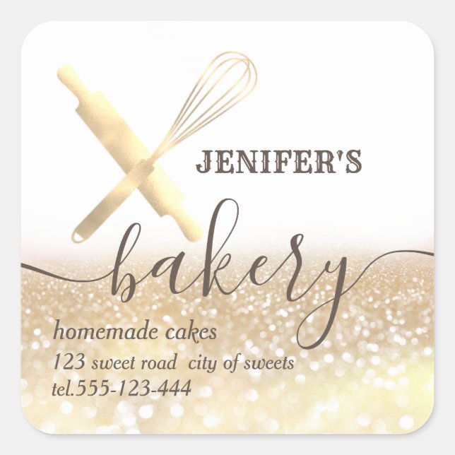 Glittery  rolling pin & whisk chef script bakery square sticker (Front)