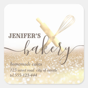Glittery rolling pin & whisk chef script bakery square sticker