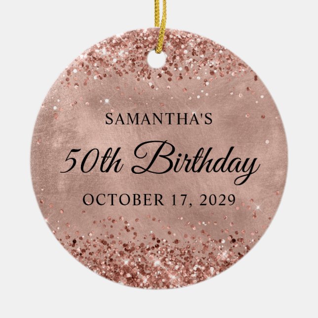 Glittery Rose Gold 50th Birthday Ceramic Ornament (Front)