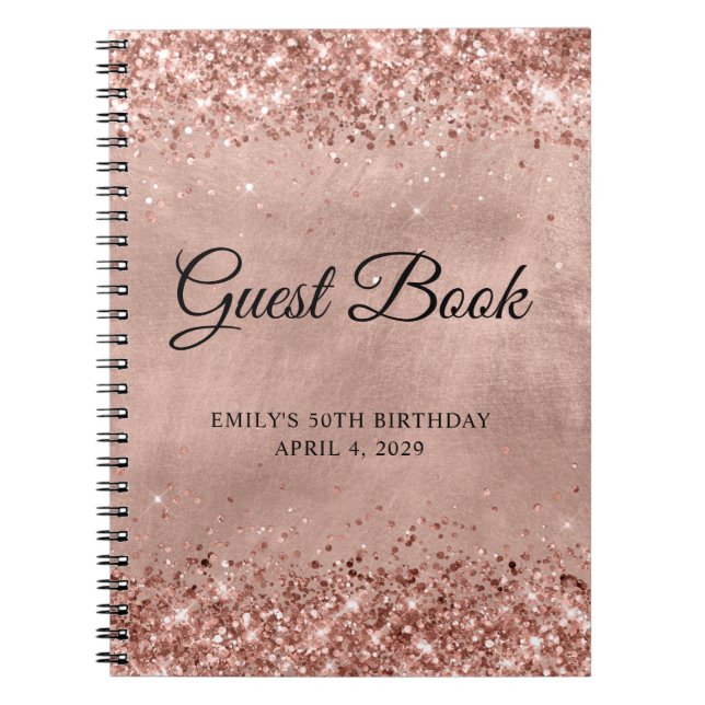 Glittery Rose Gold 50th Birthday Guestbook Notebook (Front)