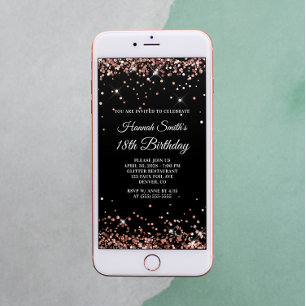 Glittery Rose Gold and Black 18th Birthday Invitation