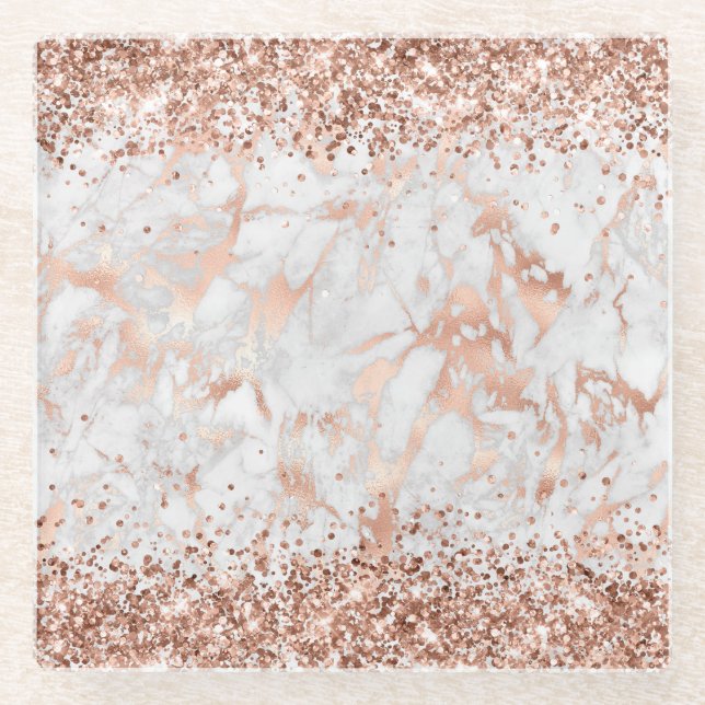 Glittery Rose Gold and Grey Marble Glass Coaster (Front)