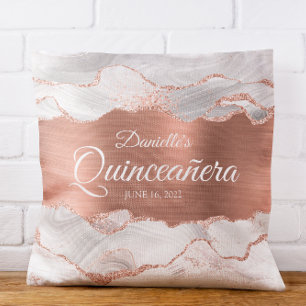 Glittery Rose Gold and White Agate Quinceañera Cushion