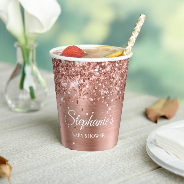 Glittery Rose Gold Baby Shower Paper Cups (Insitu)