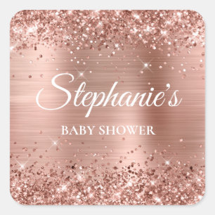 Glittery Rose Gold Baby Shower Square Sticker