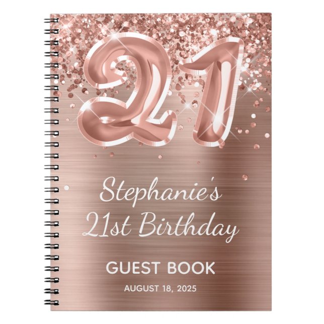 Glittery Rose Gold Balloon 21st Birthday Guestbook Notebook (Front)