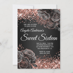 Glittery Rose Gold Black Floral Glam Sweet Sixteen Invitation