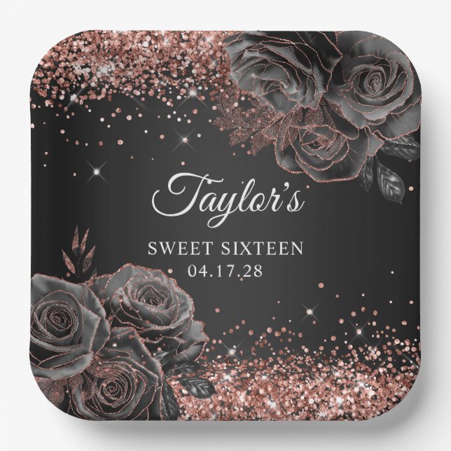 Glittery Rose Gold Black Floral Glam Sweet Sixteen Paper Plate (Front)
