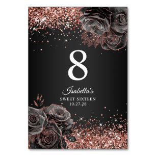 Glittery Rose Gold Black Floral Glam Sweet Sixteen Table Number
