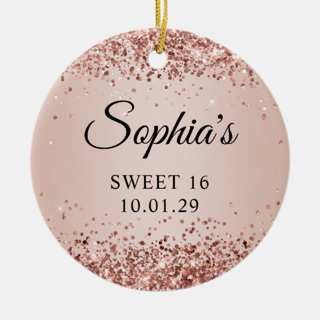 Glittery Rose Gold Blush Ombre Sweet 16 Photo Ceramic Ornament (Front)