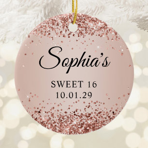 Glittery Rose Gold Blush Ombre Sweet 16 Photo Ceramic Ornament