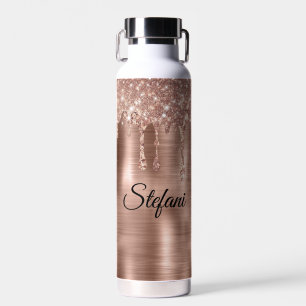 Glittery Rose Gold Drips Two Name Place Cards Water Bottle