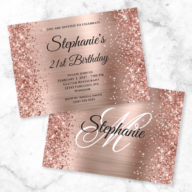 Glittery Rose Gold Fancy Monogram 21st Birthday Invitation (Creator Uploaded)