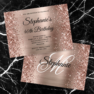 Glittery Rose Gold Fancy Monogram 40th Birthday Invitation