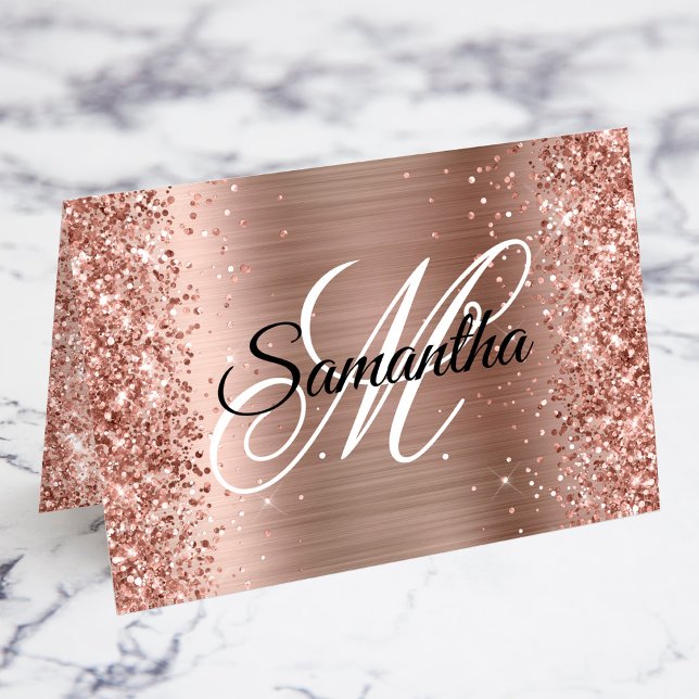 Glittery Rose Gold Fancy Monogram Place Cards (Fold your own individual place cards with a girly glam personalized fancy monogram.)