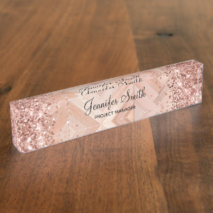 Glittery Rose Gold Faux Wood Pattern Nameplate