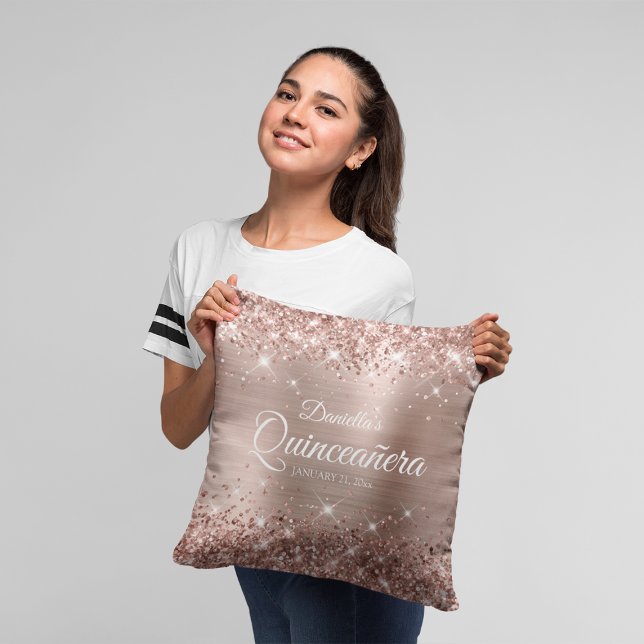 Glittery Rose Gold Foil 15 Quinceañera Cushion (Rose Gold Mis Quince Throw Pillow)