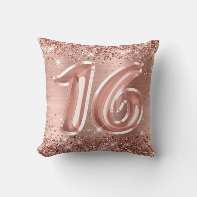 Glittery Rose Gold Foil 16th Birthday Cushion (Front)