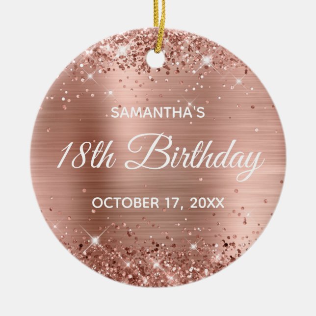 Glittery Rose Gold Foil 18th Birthday Ceramic Ornament (Front)