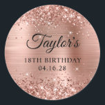 Glittery Rose Gold Foil 18th Birthday Classic Round Sticker<br><div class="desc">Create your own 18th birthday party favour stickers. Girly faux sparkly rose gold glitter on the top and bottom edge, over a faux pink blush rose gold brushed metal style ombre foil. Customise the font styles to create your own favour sticker design for her special celebration. A classic elegant calligraphy...</div>