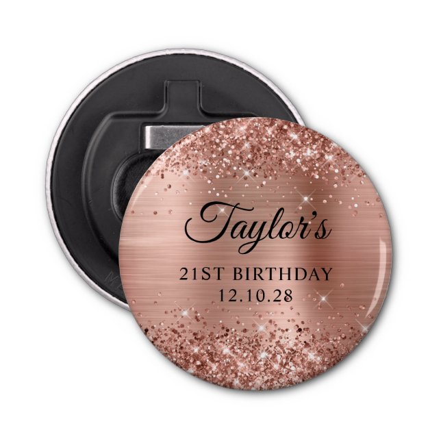 Glittery Rose Gold Foil 21st Birthday Bottle Opener (Front)