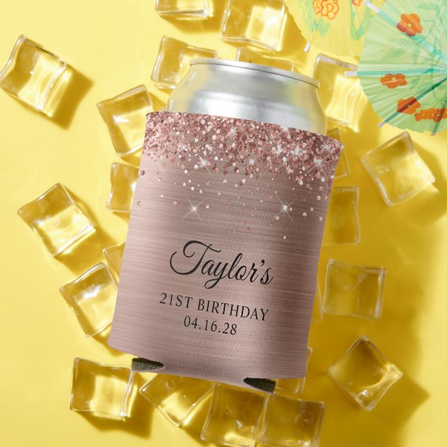 Glittery Rose Gold Foil 21st Birthday Can Cooler (In Situ Summer)