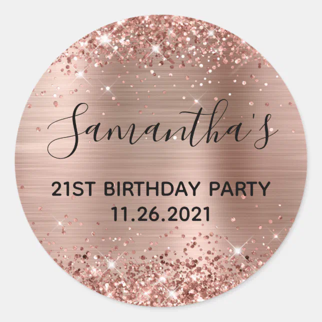 Glittery Rose Gold Foil 21st Birthday Party Classic Round Sticker | Zazzle