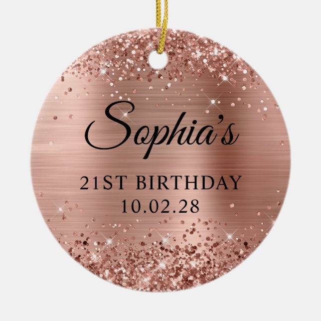 Glittery Rose Gold Foil 21st Birthday Photo Ceramic Ornament (Front)