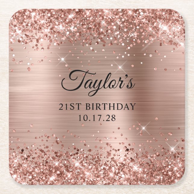Glittery Rose Gold Foil 21st Birthday Square Paper Coaster (Front)