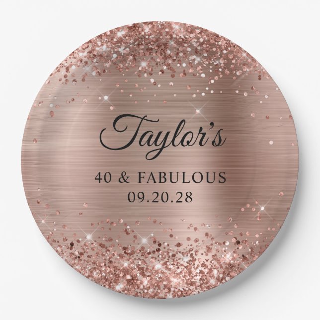 Glittery Rose Gold Foil 40 & Fabulous Paper Plate (Front)