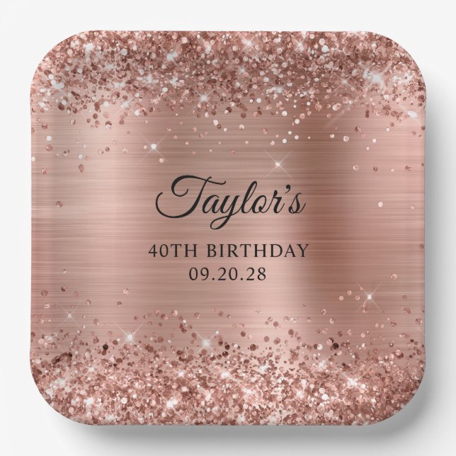 Glittery Rose Gold Foil 40th Birthday Paper Plate (Front)
