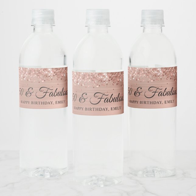 Glittery Rose Gold Foil 50 & Fabulous Water Bottle Label (Bottles)
