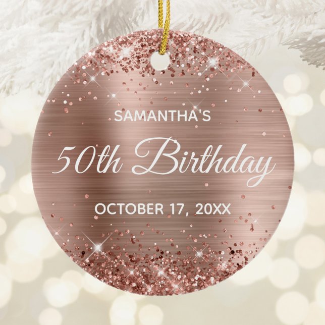 Glittery Rose Gold Foil 50th Birthday Ceramic Ornament (Glittery Rose Gold 50th Birthday Circle Ceramic Ornament)