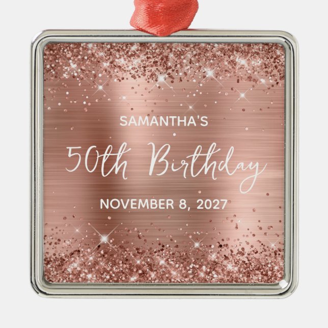 Glittery Rose Gold Foil 50th Birthday Metal Ornament (Front)