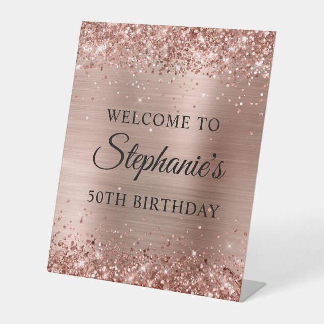 Glittery Rose Gold Foil 50th Birthday Pedestal Sign (Front)