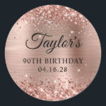 Glittery Rose Gold Foil 90th Birthday Classic Round Sticker<br><div class="desc">Create your own 90th birthday party favour stickers. Girly faux sparkly rose gold glitter on the top and bottom edge, over a faux pink blush rose gold brushed metal style ombre foil. Customise the font styles to create your own favour sticker design for her special celebration. A classic elegant calligraphy...</div>