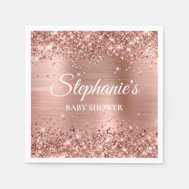 Glittery Rose Gold Foil Baby Shower Napkin (Front)
