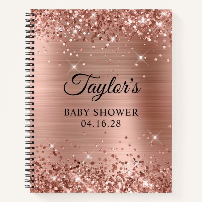 Glittery Rose Gold Foil Baby Shower Notebook (Front)