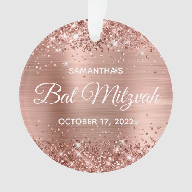 Glittery Rose Gold Foil Bat Mitzvah Ornament (Front)