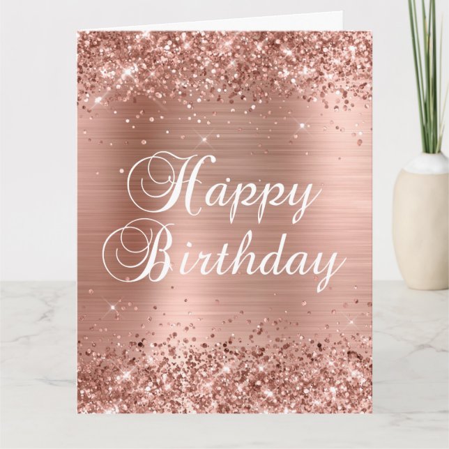 Glittery Rose Gold Foil Big Happy Birthday Card (Front)
