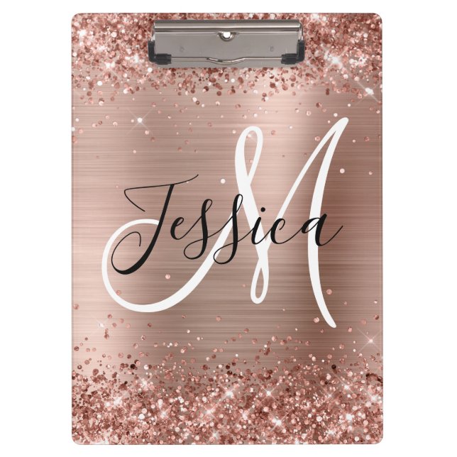 Glittery Rose Gold Foil Black and White Monogram Clipboard (Front)